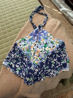 Floral Halter Scarf Top in Navy and Light Blue